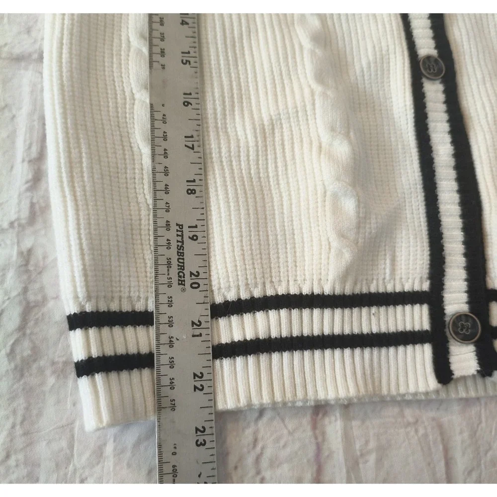 Cream With Navy Trim V-Neck Cable Knit Cardigan Vintage Preppy Lg Folklore Swift